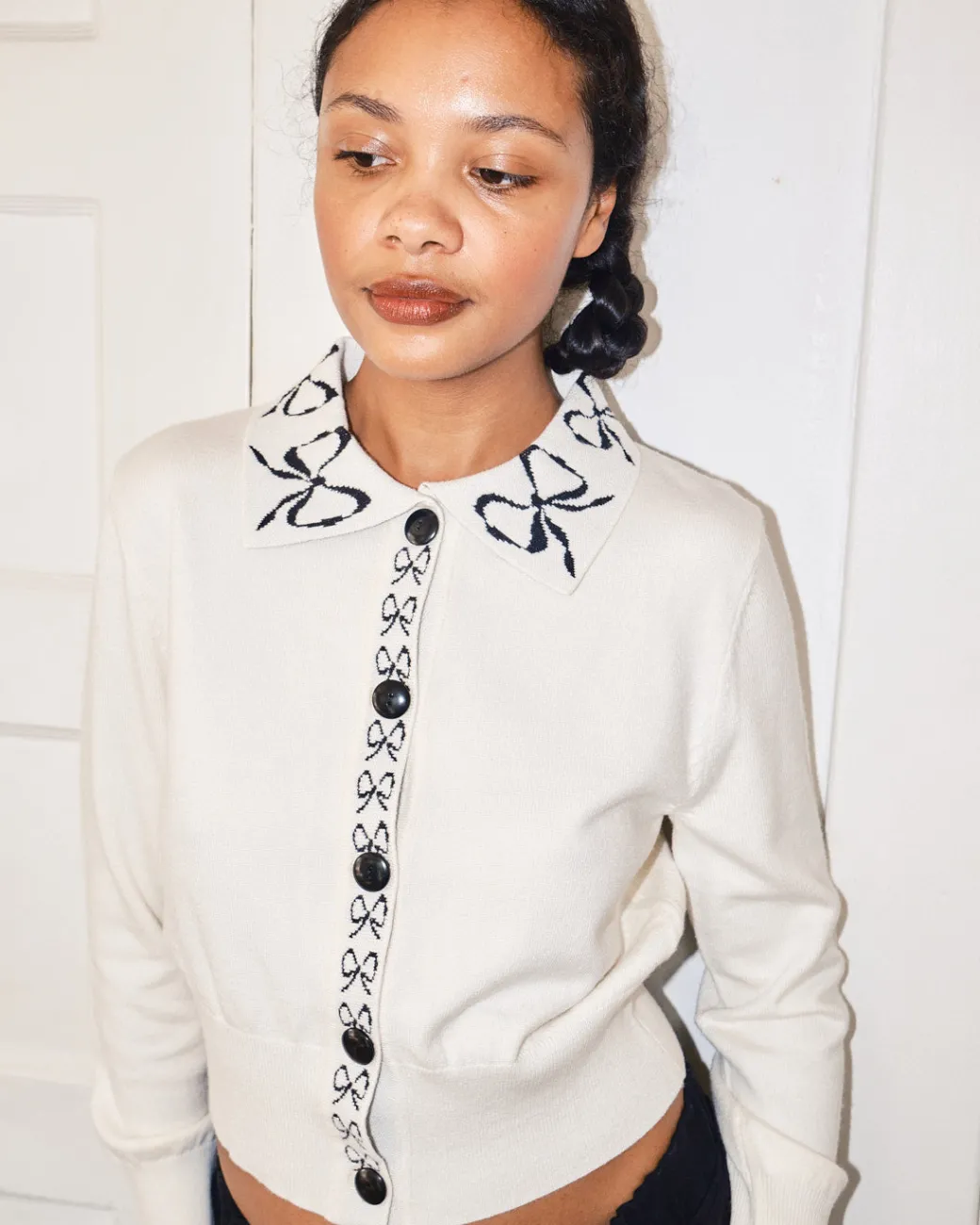 Battenberg Cardi - Ivory Bows