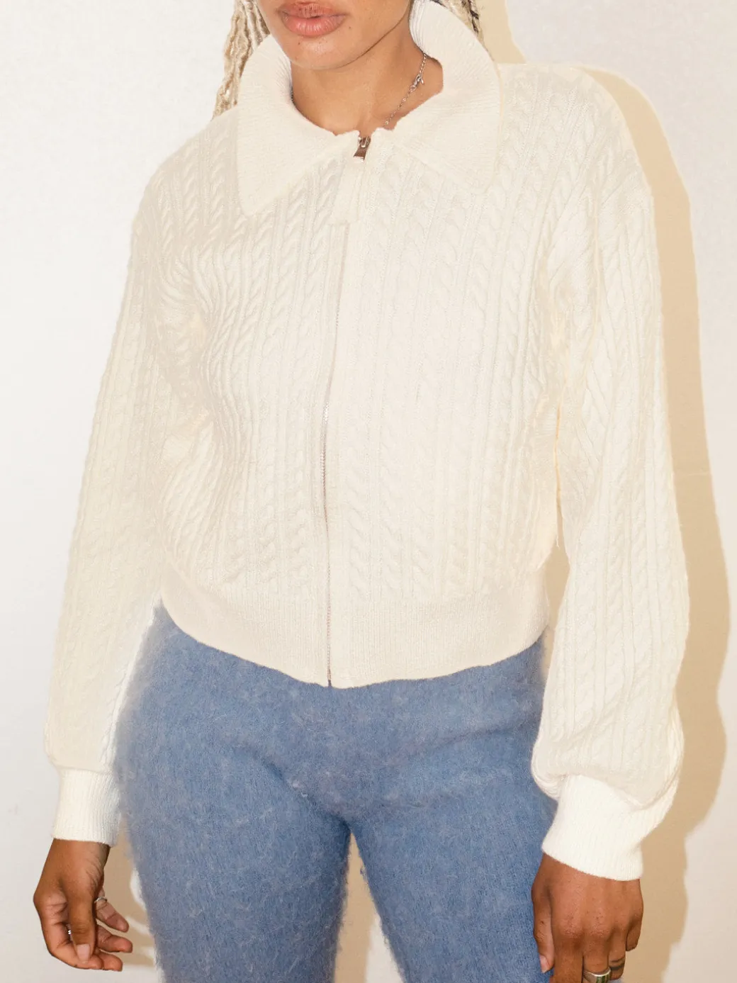 Cable Knit Zip Up - Ivory