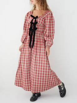 Dakota Bow Midi Dress - Red Check