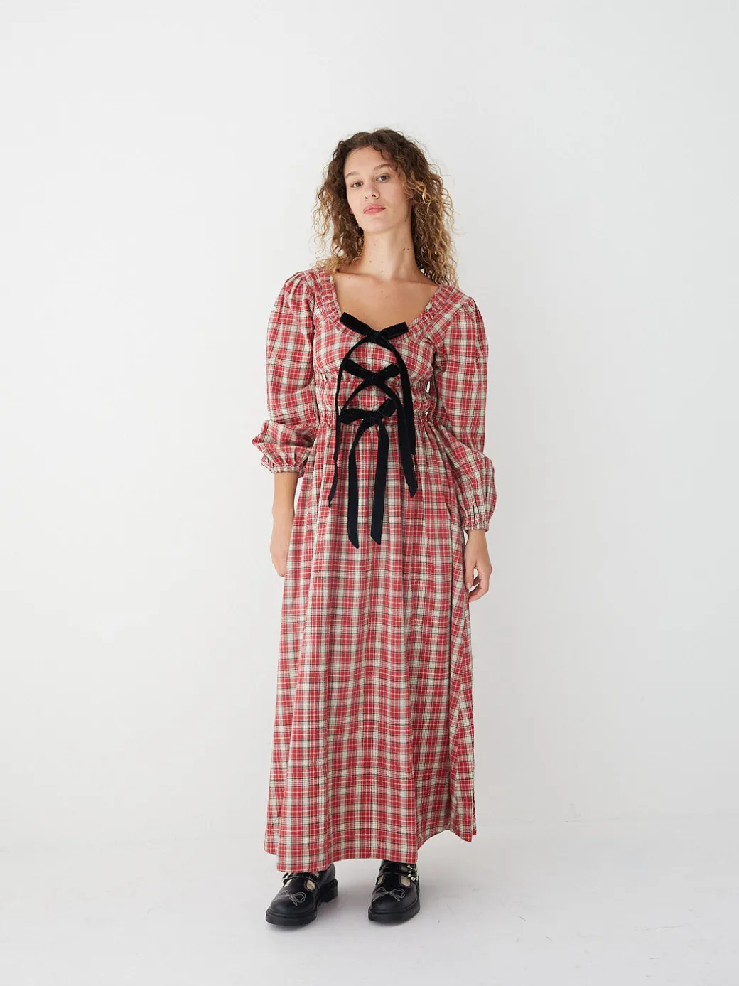 Dakota Bow Midi Dress - Red Check