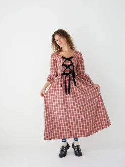 Dakota Bow Midi Dress - Red Check