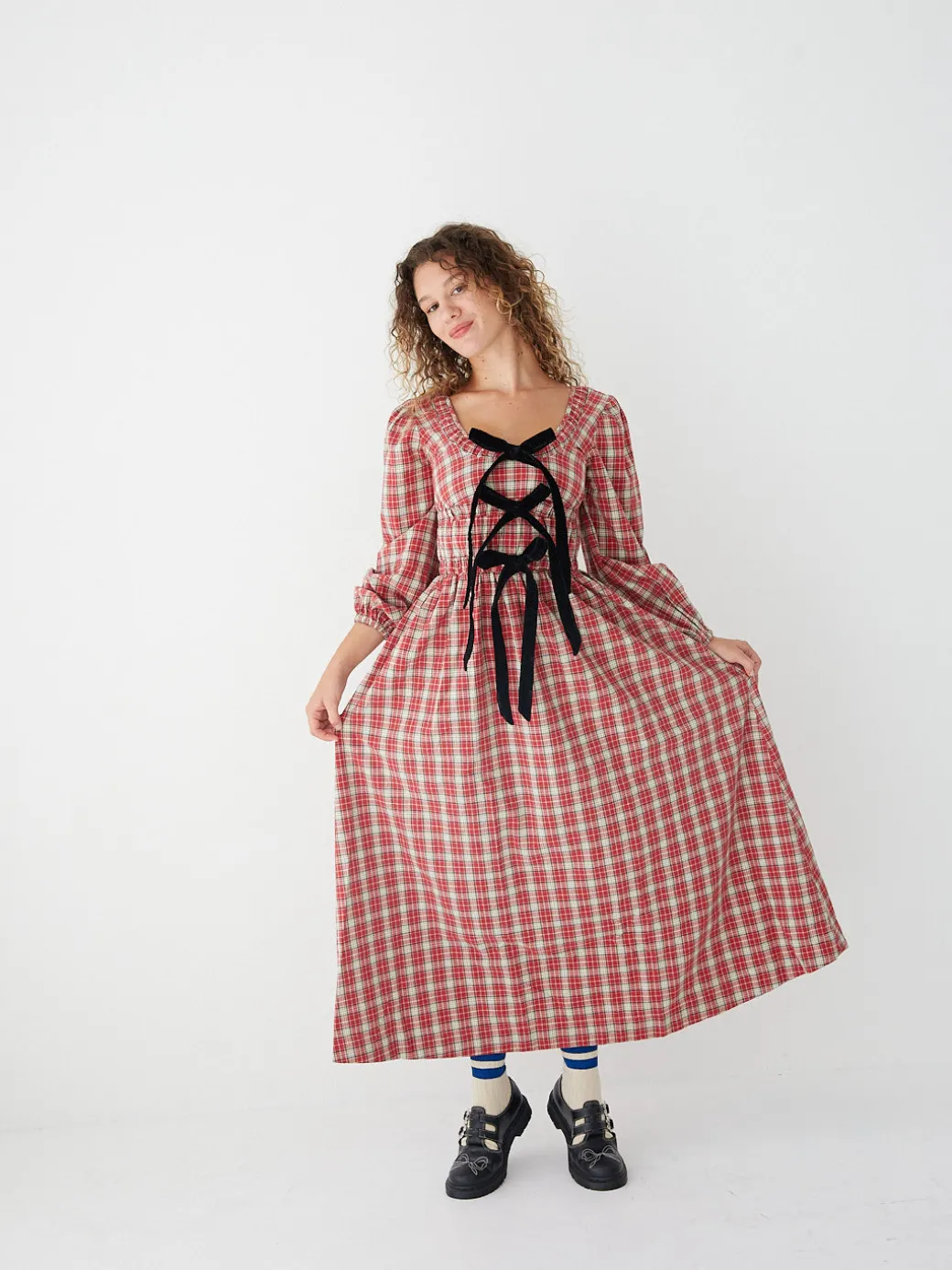 Dakota Bow Midi Dress - Red Check