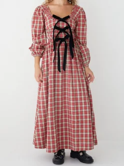 Dakota Bow Midi Dress - Red Check