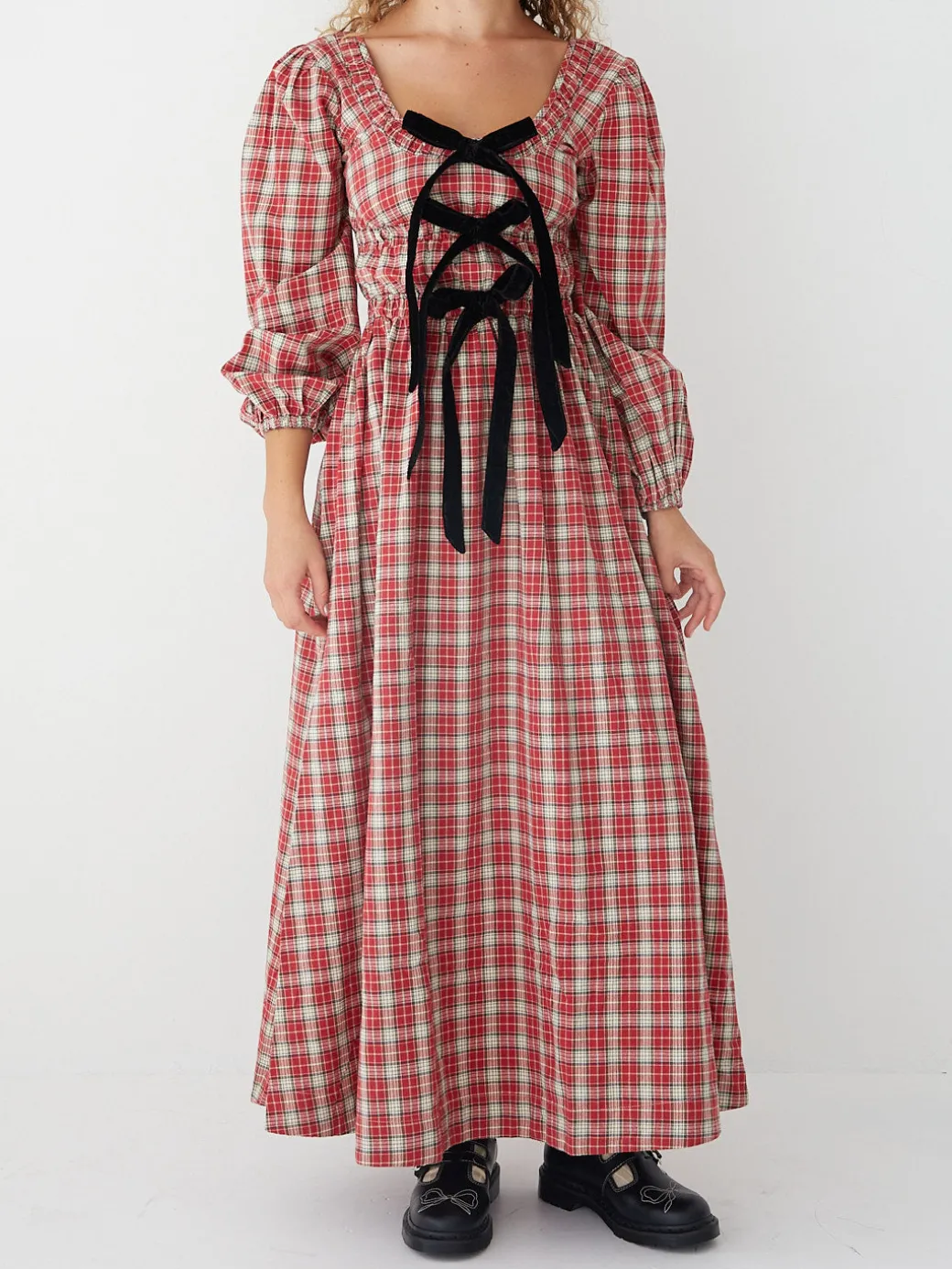 Dakota Bow Midi Dress - Red Check