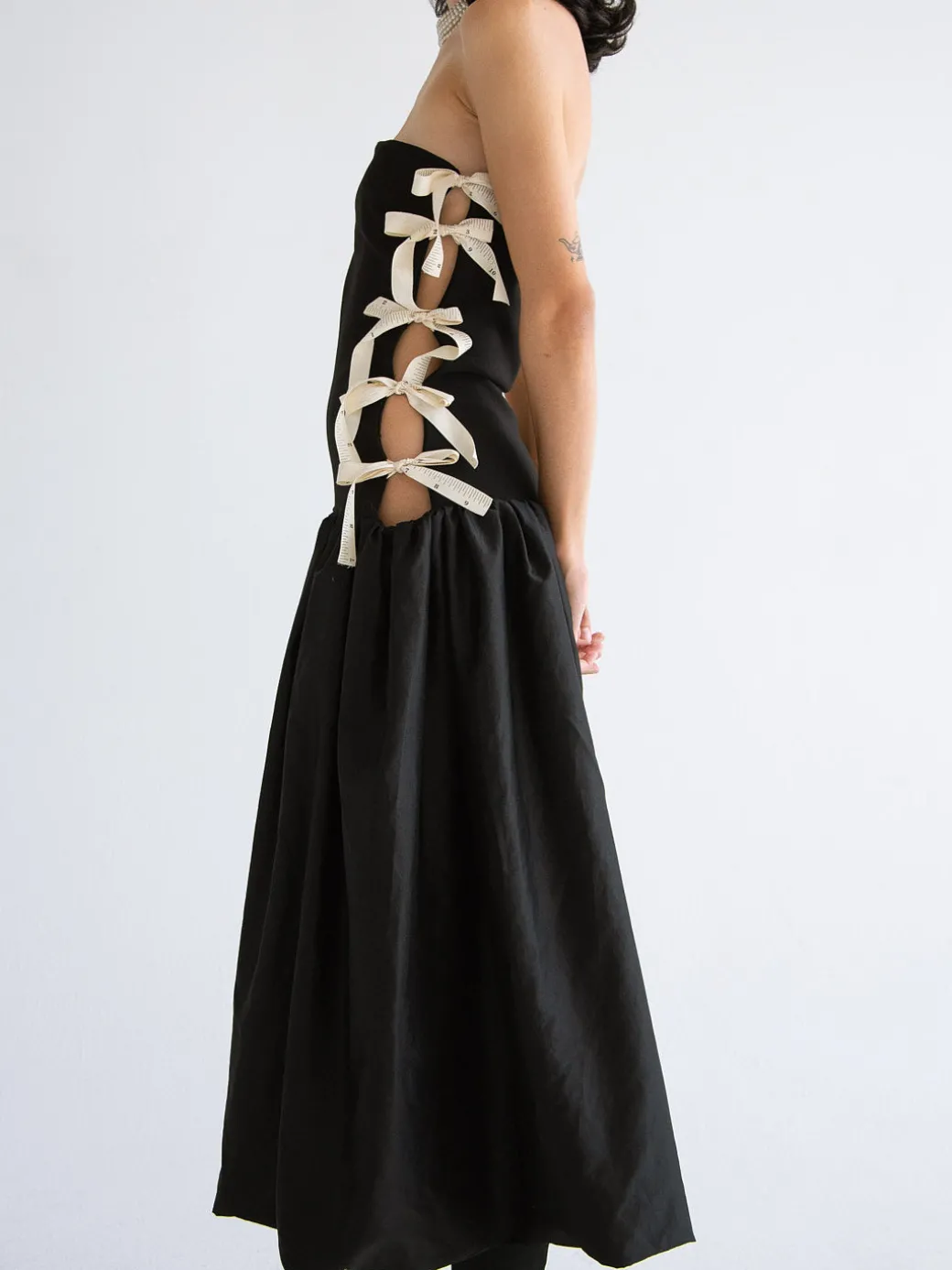 Side Bows Cut-Out Dress - Black/ Measuring Tape